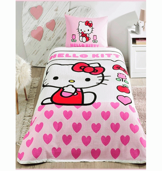 Постельное белье TAC 1.5 сп. Hello Kitty Love с вафельным покрывалом